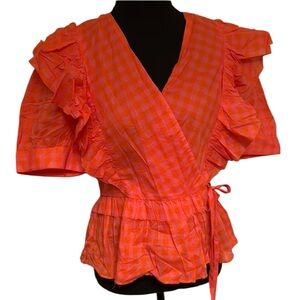 J.Crew Pink & Orange Gingham Cotton Ruffle Wrap Blouse Small‎